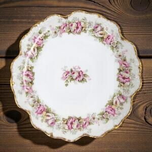 Antique Limoges France Pink Rose Gold Scalloped Luncheon Dessert Plate 8 1/4"